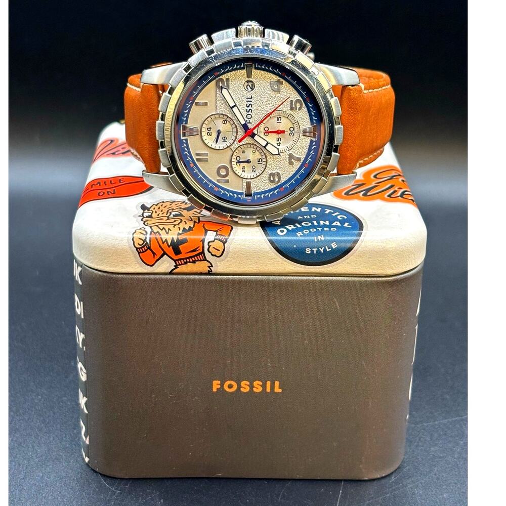 Fossil Dean FS5069 Men’s Chronograph Silver Dial Brown Leather Watch 45mm - Picture 3 of 17